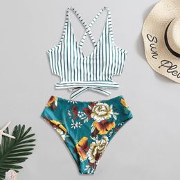 Women's Swimwear Plus Size Women Bikinis Set Lace Up Striped Floral Print High Waist Two Piece Swimsuit Sets For Teens Est