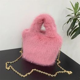 Evening Bags Fashion Luxury Fake Fur Women's Shoulder Bag Sweet Cool Chain Plush Ladies Messenger Simple Solid Color Female Tote Handbag