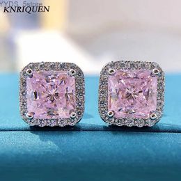 Stud Charms 925 Sterling Silver 7*7mm Topaz Pink Quartz High Carbon Diamond Stud Earrings for Women Gemstone Ear Fine Jewellery Gifts YQ231107