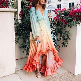 Women Summer Boho Maxi Dress Rainbow Gradiented Long Sleeve Fashion Beach Dress Button Fold Loose Casual Dress Vestidos #GH X0521269v