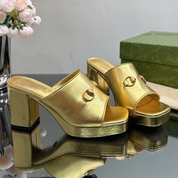 Women Platform slippers luxury designer Elegant Bridal wedding Dress Shoes heels Sandals Leather Thick soled high heels 8.5cm With Box 35-42