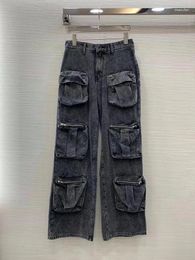 Women's Jeans 2023 Women Fashion Loose Casual Three-dimensional Pocket Retro Washing Denim Straight Trousers 0528