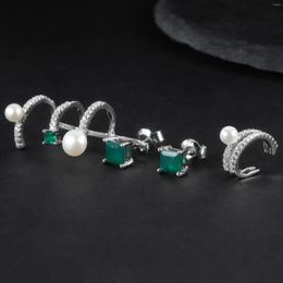 Hoop Earrings Real Brand Genuine Jewels Fashion Light Luxury Three Piece Set S925 Silver Inlaid Natural Freshwater Pearl Matching Green