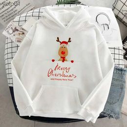 Men's Hoodies Sweatshirts Kaii reindeer Printed White Hoodie Pullover Sweatshirt Women Long Sle Merry Christmas Hipster Casual O-neck Hoody ClothesL231107