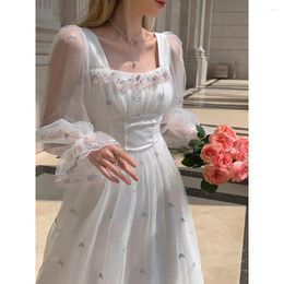 Casual Dresses Autumn Spring White Mesh Fairy Dress Woman French Vintage Embroidery Floral Flare Sleeve Princess Prom Vestido