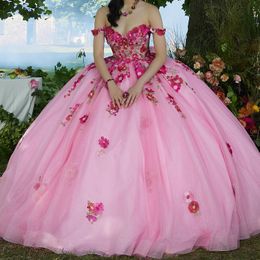 Pink Shiny Ball Gown Quinceanera Dress 2024 3D Floral Princess Tulle Vestidos De 15 Anos Birthday Party Sweet 16 Dress 2024