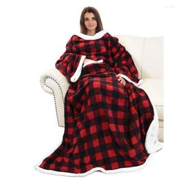 Blankets 2024 Red And Black Plaid Thickened Sofa Blanket Leisure Double Sleeve Lazy Man TV Cover