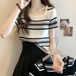 Women's Knits Tee French retro striped short sleeve T-shirt girl's summer fashion slim-fit square neck sweater tops Cotton breathable comfortable elasticity knitwear