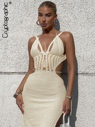 Casual Dresses Cryptographic Knitted Cut Out Halter Sexy Backless Summer Beach Dress for Women Elegant Outfits Bandage Slit Dresses Bodycon 230406