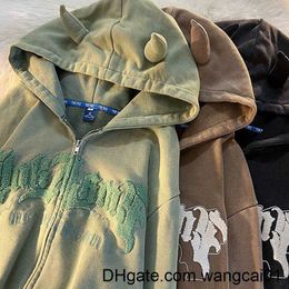 Kadın Hoodies Sweatshirts Fermuar Hoodie Sevimli Boynuz Tter Tter Broidery Hooded Hardigan Street Spor Süveteri Erkekler ve Kadınlar Retro Büyük Boy Ceket Y2K Sonbahar 0407H23