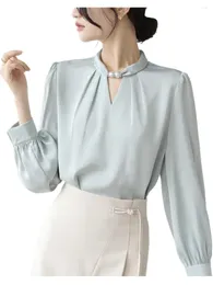 Women's Blouses Spring Fashion Pearl Necklace Satin Silk Shirt Vintage Blouse Women White Tops Chic Long Sleeves Street 6XL 7XL