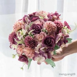 Christmas Decorations 30Cm Silk Roses Wedding Bouquet Vase for Home Room Decoration Christmas Garland Scrapbooking Pink Hydrangea Artificial Flowers R231107