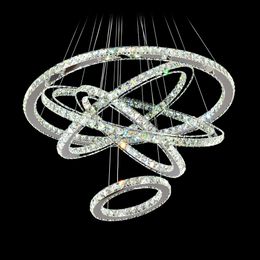 5-Ring-Kristall-LED-Kronleuchter, moderne Pendelleuchte, Kristall-Heimleuchte, Glanz-Hängeleuchte für Esszimmer, Foyer, Treppen