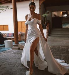 Sexy Simple Wedding Dress For Women Backless Satin Off Shoulder Slimming High Split Bride Gown Sweep Train Vestidos De Novia