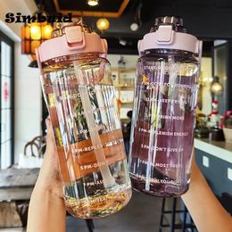 Water Bottles 2-liter water bottle with straw female large portable travel bottle sports and fitness cup summer cold water with time scale 230406