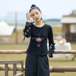 Ethnic Clothing 2023 Chinese Embroidery National Style T-shirt Women's Round Collar Top Autumn And Winter Long Sleeve Daily Blouse S838