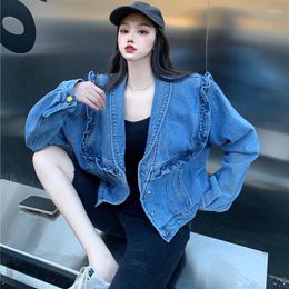 Women's Jackets Korean Fashion Ruffles Denim Jacket Women Autumn Winter Long Sleeve Loose Notched Collar Single-Breasted Jeans Coat Female