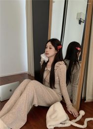 Women's Two Piece Pants Sweet Girl Suit Women Autumn Doll Collar Short Knitted Cardigan High-waisted Casual Drawstring Wide-leg Long