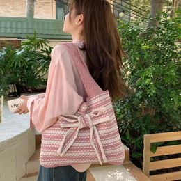 Evening Bags Large Knit Bag Wool Shoulder Shopping Handbag For Women Vintage Bow Stripe Luxury Designer Tote Shopper Female Crochet