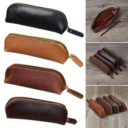 Cowhide Pencil Bag Retro Style Zipper Pen Case School Supplies Office Stationery Storage Glasses