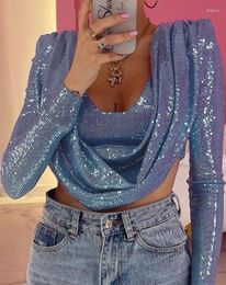 Women's T Shirts Fashion Woman Blouses 2023 Autumn Cowl Neck Allover Sequins Zipper Back Elegant Long Sleeve Skinny Party Crop Top