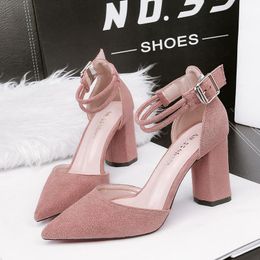 Dress Shoes Women Pumps Flock Pointed Toe Fashion Spring Thick Heel Buckle 8.5CM Thin Office ShoesDress