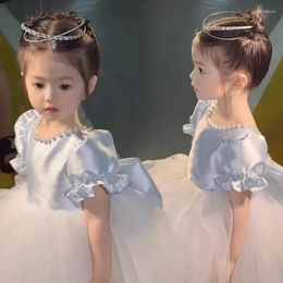 Girl Dresses Flower Dress For Wedding Satin Tulle Pearls Short Sleeves Birthday Party Bow Princess Ball Gowns Beauty Pagenat Wear