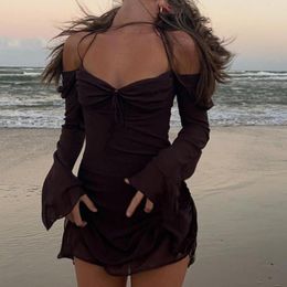 Casual Dresses Y2K Fairycore Mesh Halter Dress Chic Women Flare Sleeve Side Drawstring Ruched Mini Dress Elegant Lady Beach Holiday Club Party 230406