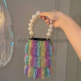 Shoulder Bags Bling Ruced Bucket Women Luxury Designer Crystal Purses Ladies Pearl andbagstylishhandbagsstore