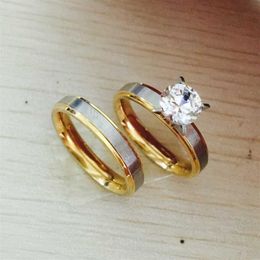 4mm titanium Steel CZ diamond Korean Couple Rings Set for Men Women Engagement Lovers his and hers promise 2 tone gold silver269d