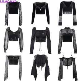 Women s T Shirt Goth Sexy Lace Flared Long Sleeve Corset Crop Top Aesthetic Black Velvet V Neck T shirts Y2K Vintage Tees Streetwear 230407