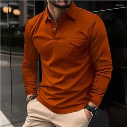 Men's Polos 2023 Autumn/Winter Caramel Long Sleeve Polo Shirt Casual Neck Button T-shirt (With Pockets) European Size ZJPL8-2