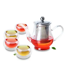 Teaware Sets Novelty Glass Pot W/ Stainless Steel Philtre And 4PC Mini Double Walled Mugs