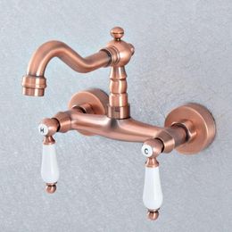 Kitchen Faucets Antique Red Copper Brass Wall Mounted Wet Bar Bathroom Vessel Basin Sink Cold Mixer Tap Swivel Spout Faucet Msf901