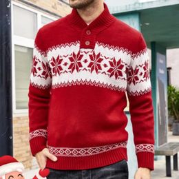 Men's Sweaters Men's Fashion Christmas Red Green Stand Collar Party Sweater Long Sleeve Pullover Collar Button Sweaters Male's Top Clothing 231107