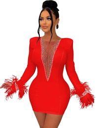 Casual Dresses Feather Rhinestone Mesh Bodycon Mini Dress Women Night Club See Through Outfits Party Evening Sexy Diamond Prom Short Dresses P230407