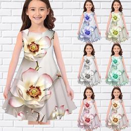 Girl Dresses Peach Blossom 3D Printed Summer Sleeveless Dress Casual O-Neck Long Fashion Girls For Eid Children