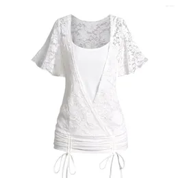 Women's T Shirts White Lace Cinched Overlay Short Sleeve Women Top Plain Colour Flutter Casual Faux Twinset