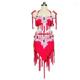 Stage Wear Customize Shiny Rhinestone Latin Dance Costume Set Belly Top And Skirt Clothing