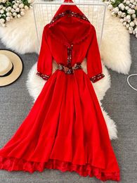 Casual Dresses HIGH STREET Est 2023 Designer Blazer Dress Women's Ethnic Style Embroidered V-Neck Ruffle Long