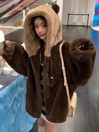 Women's Fur Faux Coat Women Korean Fashion Kawaii Bear Ear Plush Jacket Female Winter Casual Loose Warm Thick Hooded Cardigan Outerwear