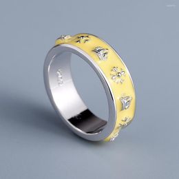 Cluster Rings Classic 925 Silver-plated Women's Ring Fashion Yellow Handmade Enamel Jewellery Cross Wilderness Crown Pattern