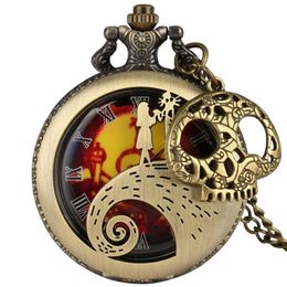 Vintage Antique Watch Hollow Case Nightmare Theme Unisex Quartz Analogue Pocket Watches Skull Accessory Necklace Chain Xmas Gift286c