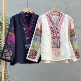 Ethnic Clothing 1pcs Spring Autumn Women Chinese Traditional Retro Style Shirt Long Sleeve V-neck Patchwork Colour Embroidery Linen Tops