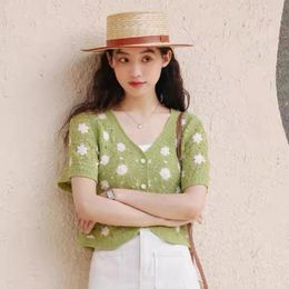 Women's T Shirts Women Summer Knit Crochet Shirt V-Neck Hollow-Out Short Sleeve Button Up Tops Tees-Shirt Sweet Cardigan 066C