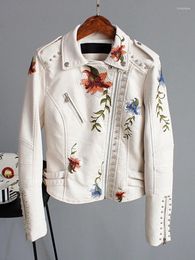 Women's Leather Motorbike Top Floral Print Embroidery Faux Soft Jacket Women Pu Motorcycle Coat Female Black Punk Zipper Rivet Outerwear