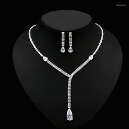 Pendant Necklaces European And American Famous Zircon Water Drop Necklace Earring Set CZ Women&#39;s Bride Wedding Jewelry 2pcs