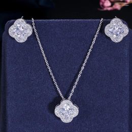 Necklace Earrings Set Classic Pink White Blue Crystal For Women Clover Flower Pendant Wedding Bride Accessories ZK40