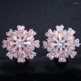 Stud Earrings ThreeGraces Luxury Rose Gold Color Shiny Cubic Zirconia Big Flower For Women Bridal Engagement Party Jewelry E1389