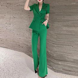 Women's Two Piece Pants Women Summer Short Sleeve Flower Blazer Coats Top And Flare Sets Female Fashion Casual Solid Slim Office Suits